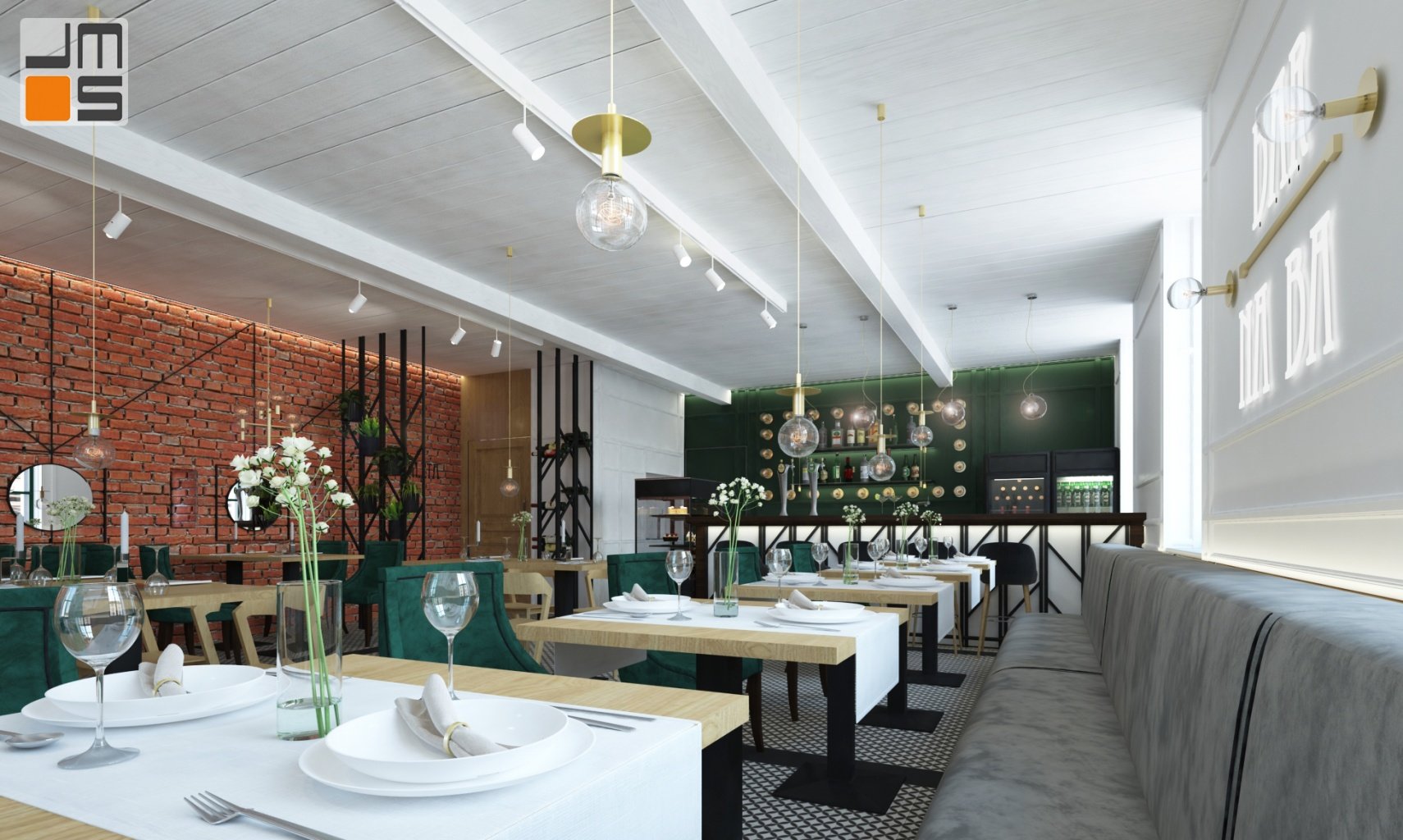 w projekcie wnętrz baru restauracji w Krakowie cegła pięknie łączy się z zielonymi i złotymi dodatkami w białych jasnych wnętrzach