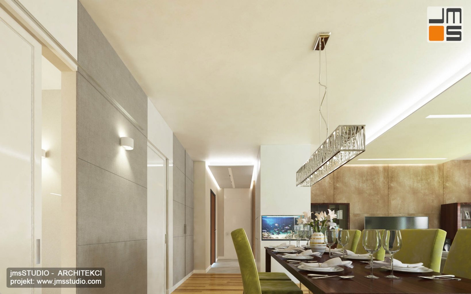 ekskluzywny projekt wnętrz eleganckiego mieszkania w Krakowie projekt jadalni z dużą lampą nad drewnianym stołem