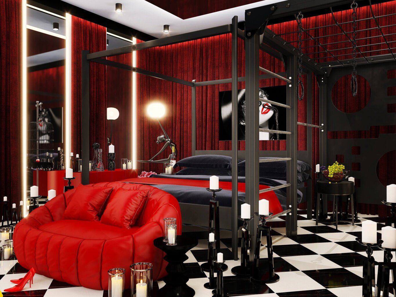 Apartament Kinky - to Projekt Unikatowych  Wnętrz Pokoju Seks Room do zabaw intymnych oraz erotycznych - Sex room to wnętrze kontrastowe i ostre w wyrazie z elementami Kinky BDSM - 