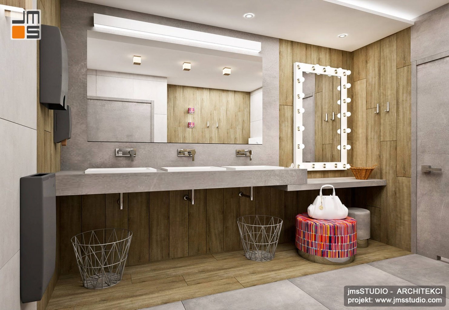 Bardzo ciekawy pomysł na wnętrze z lustrem filmowym drewnem i designerskimi dodatkami w projekcie łazienki w restauracji