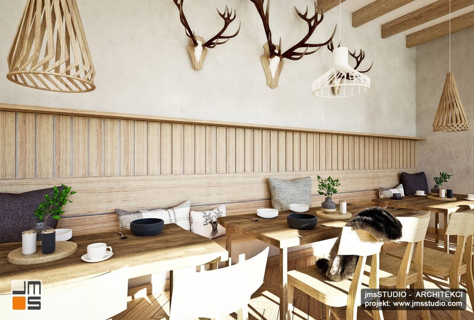 oryginalne lampy drewniane w projekt wnętrz restauracji regionalnej styl góralski z drewno na ścianie i trofea
