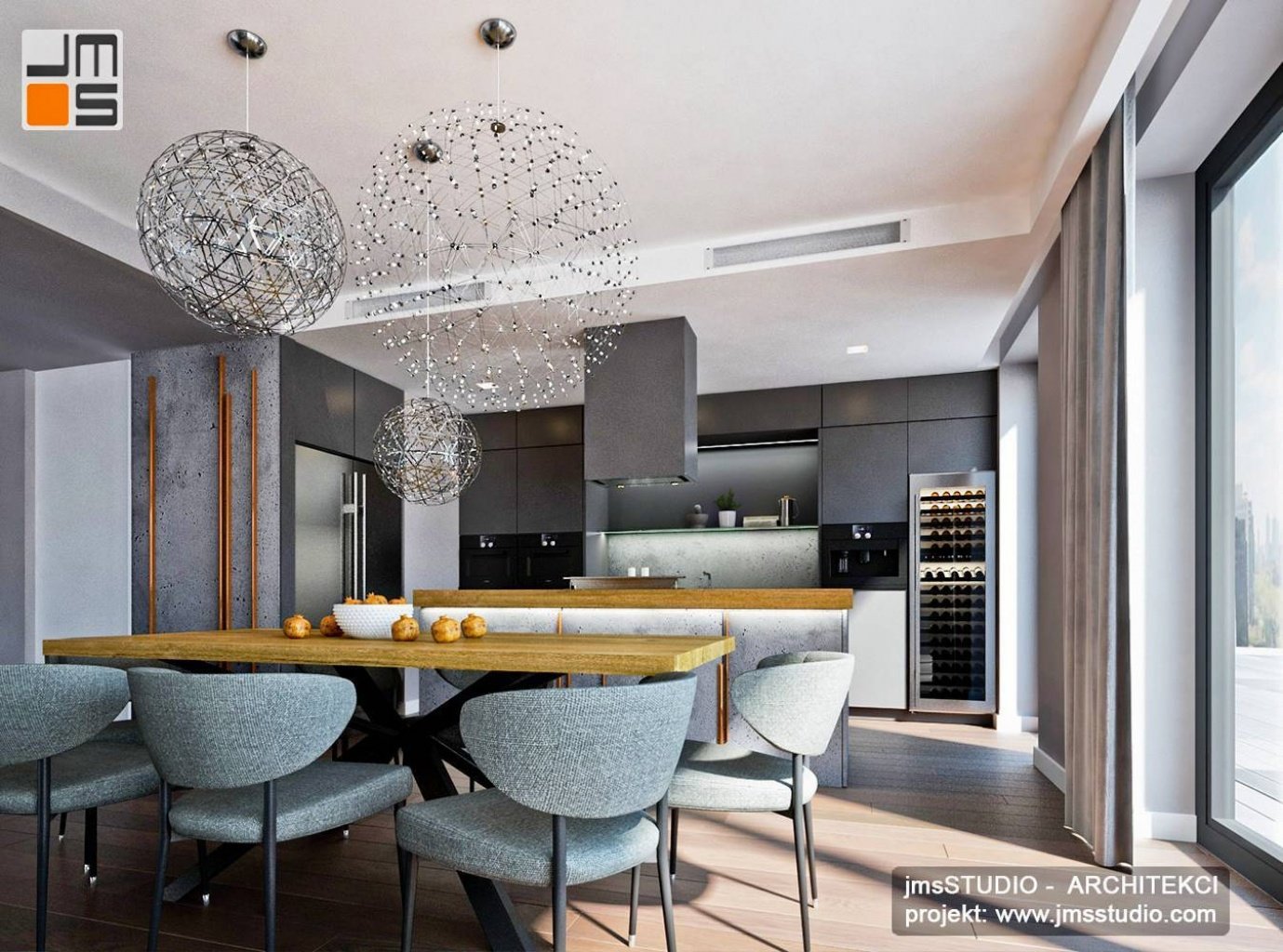 Projekt wnętrz luksusowej kuchni w kolorach szarości z miedź beton architektoniczny i jasne drewno w mieszkaniu Kraków