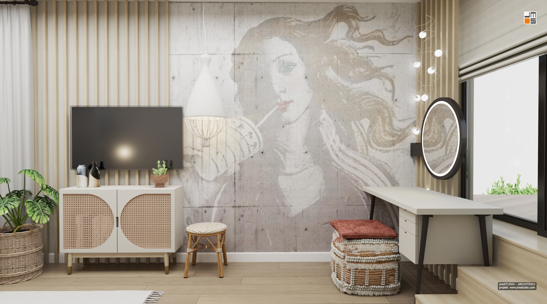 Piękna tapeta z nadrukiem grafiki kobiety w kolorach szarości o wyglądzie betonu architektonicznego to w połączeniu z lamelami z jasnego drewna piękny pomysł na projekt ściany w pokoju gościnnym