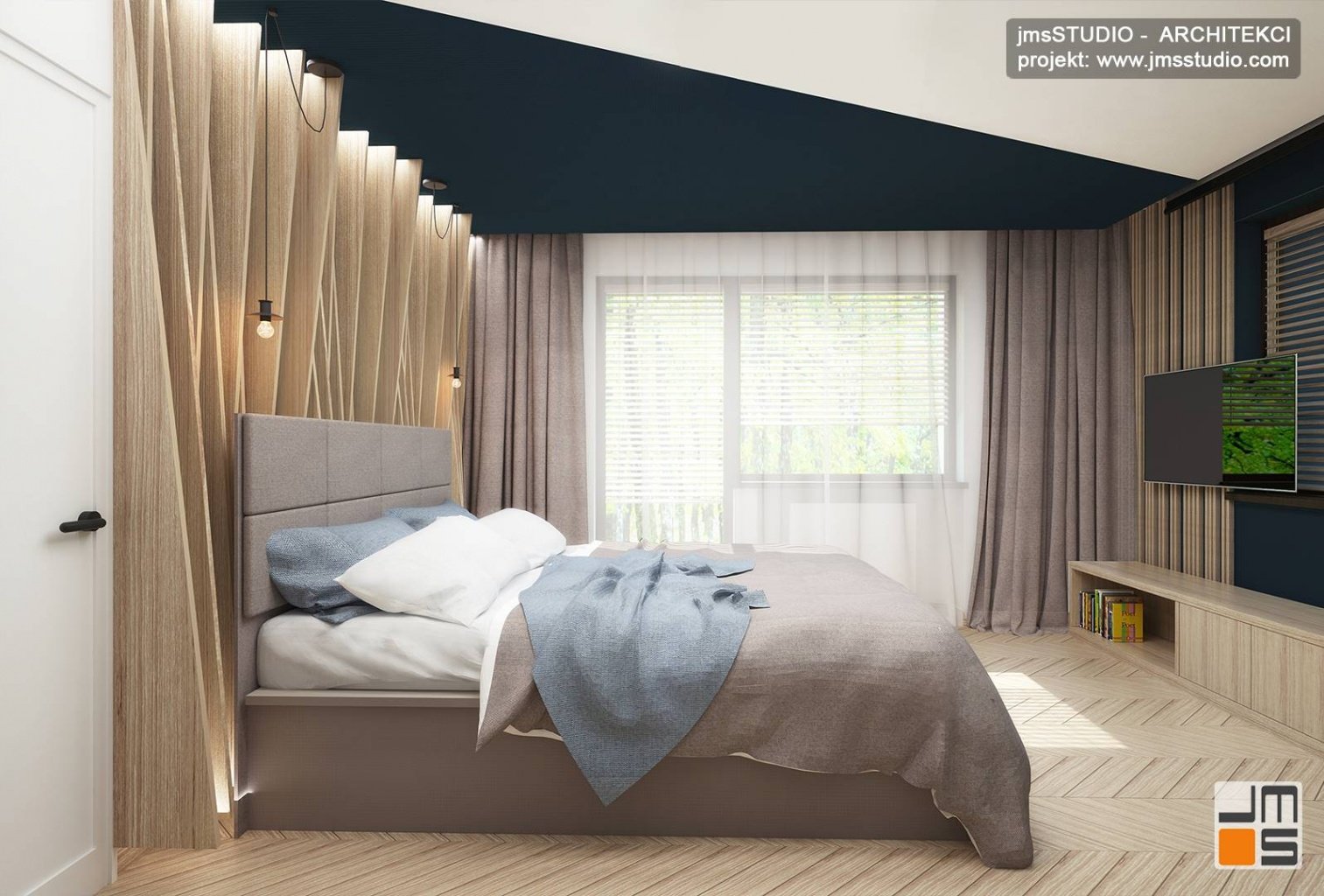 duże łóżko i drewniane żaluzje na ścianie to pomysł na dekoracja ścian w sypialni projekt Katowice
