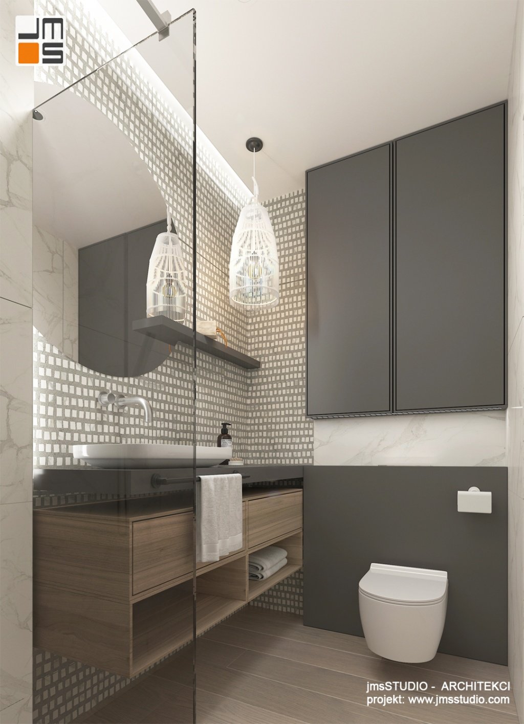 W małych wnętrzach łazienek  w projekcie  warto wykorzystać przestrzeń nad Gebertem do zabudowania szafek na różne niezbędne rzeczy