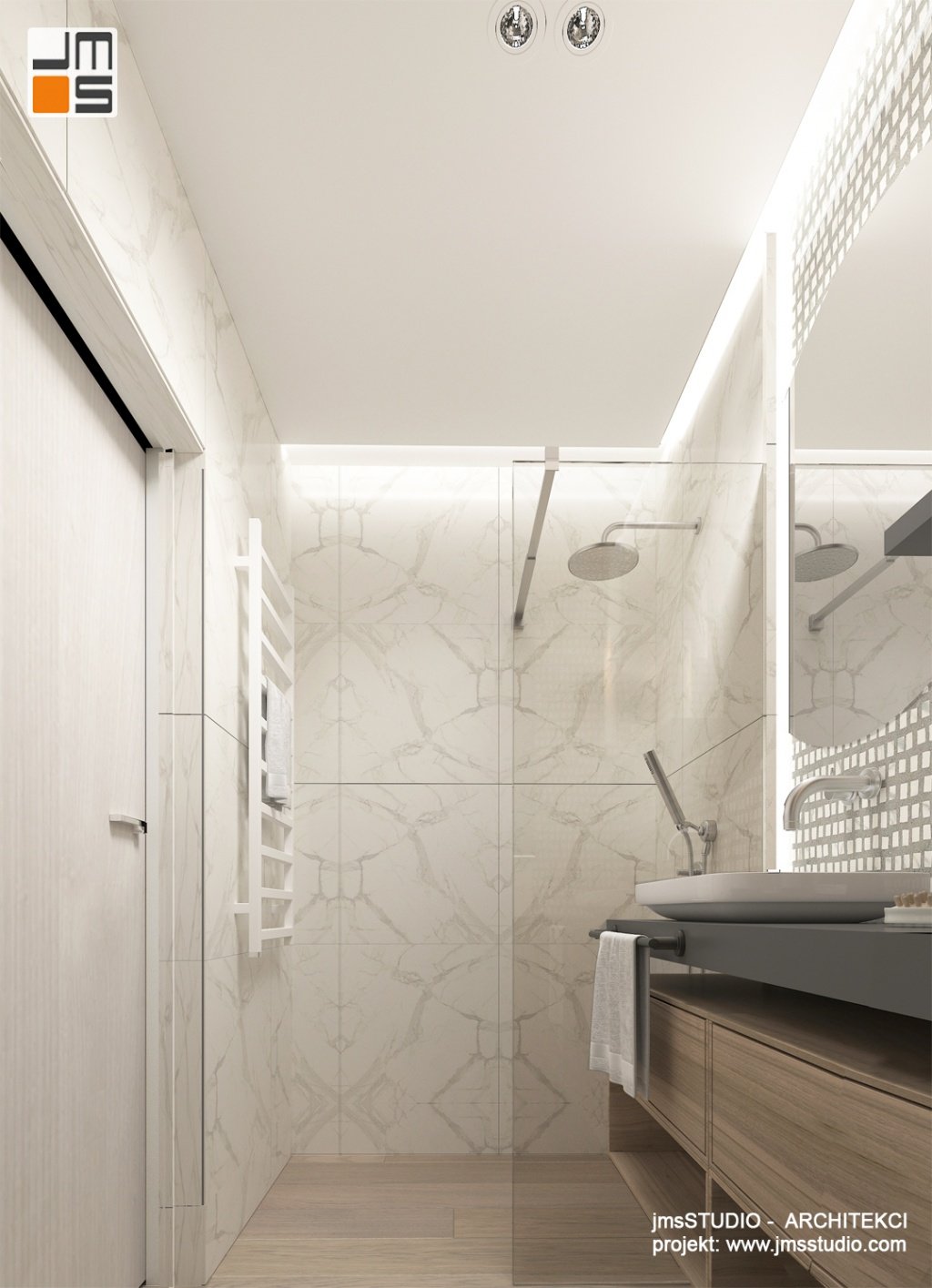 W małych łazienkach stosując jasne materiały i dobre jasne oświetlenie powiększamy optycznie pomieszczenie 