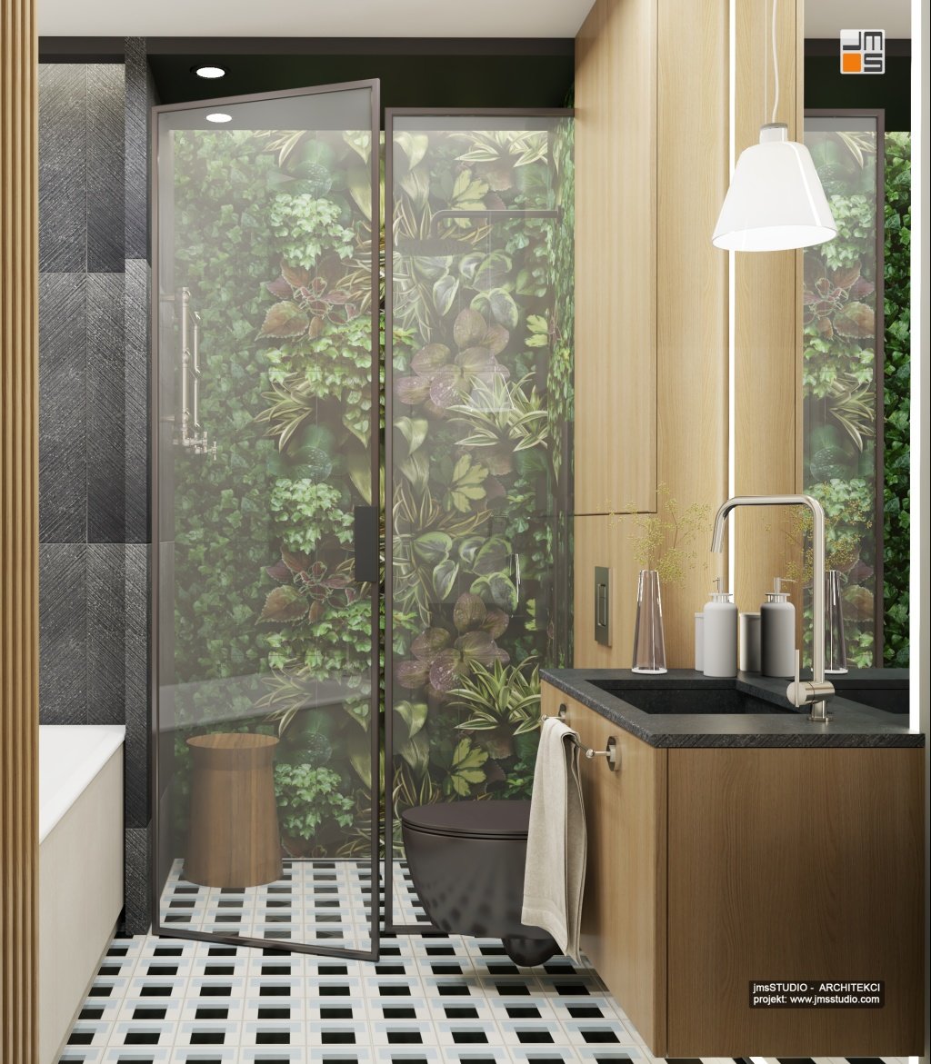 W dużej kabinie prysznicowej projekt wnętrz zakładał zastosowanie płytek grosowych z ciemnym motywem roślinnym, które dobrze pasują do jasnego drewna mebli łazienkowych
