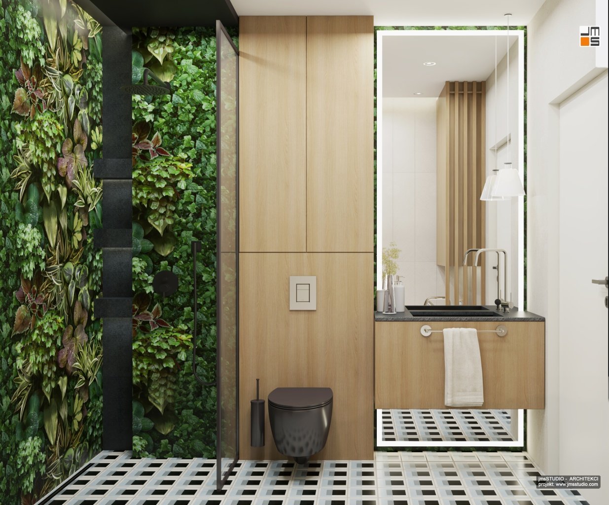 Proste meble łazienkowe z dużym lustrem i geometryczną podłogą to pomysł na ścianę w łazience której projekt wnętrz obejmuje ciemne płytki z wzorem roślinnym pod prysznicem 
