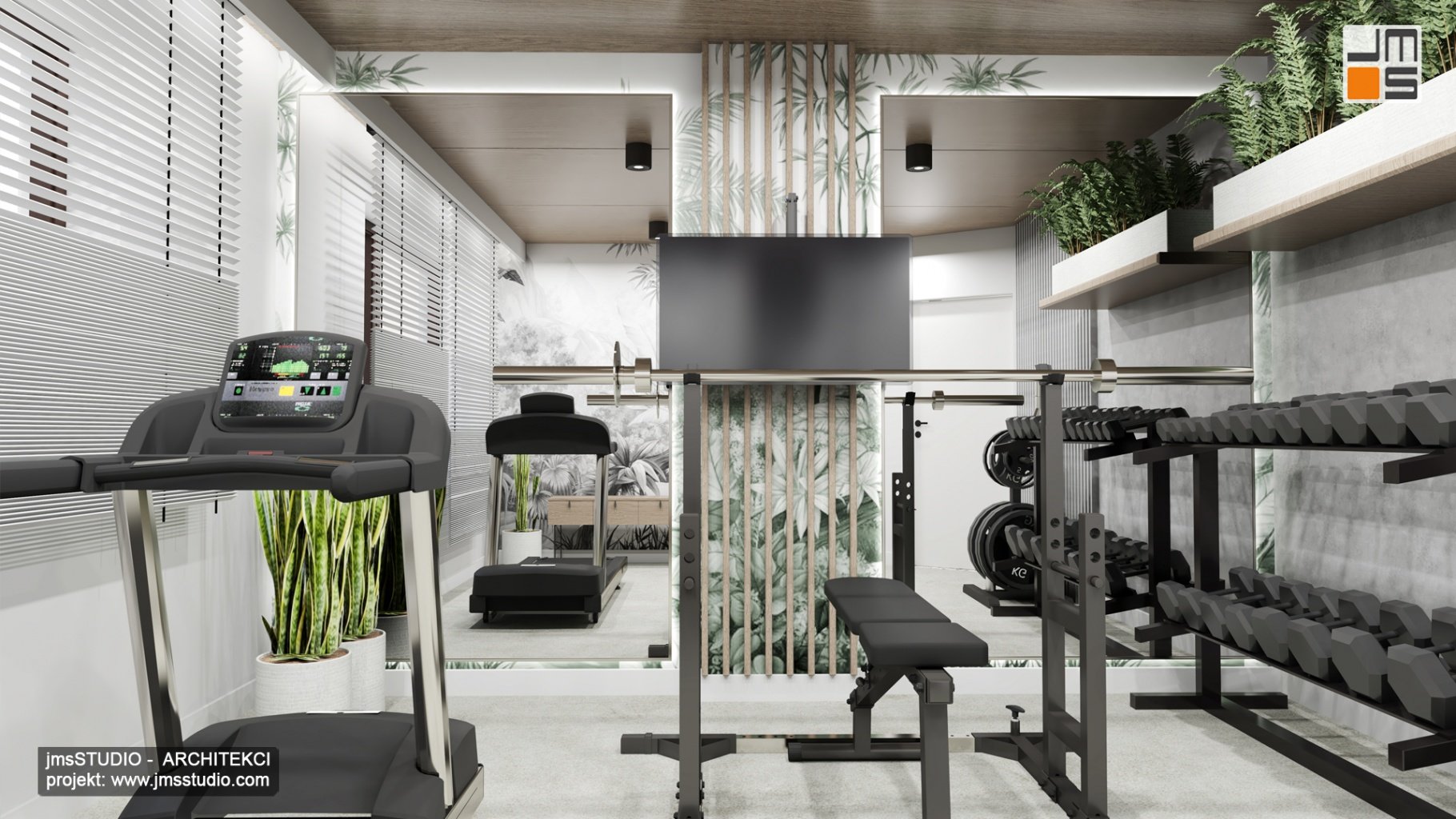Projekt pomieszczenia fitness to stworzenie przyjemnej przestrzeni do ćwiczeń w domu z dużymi lustrami i ciekawą aranżacja wnętrza