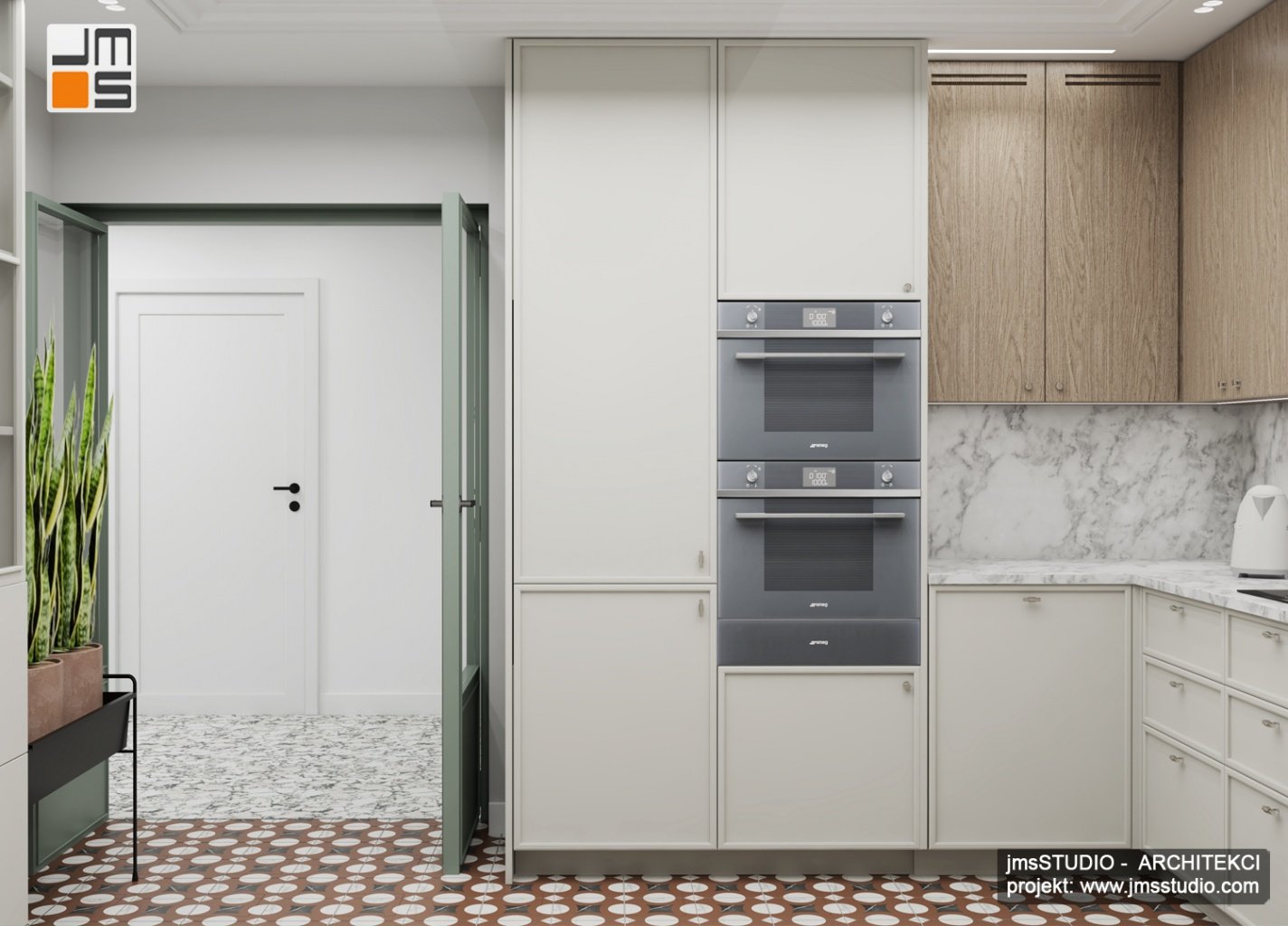 Projekt wnętrz kuchni z wysoką zabudową w jasnym pastelowym kolorze to ciekawy pomysł na optyczne powiększenie kuchni