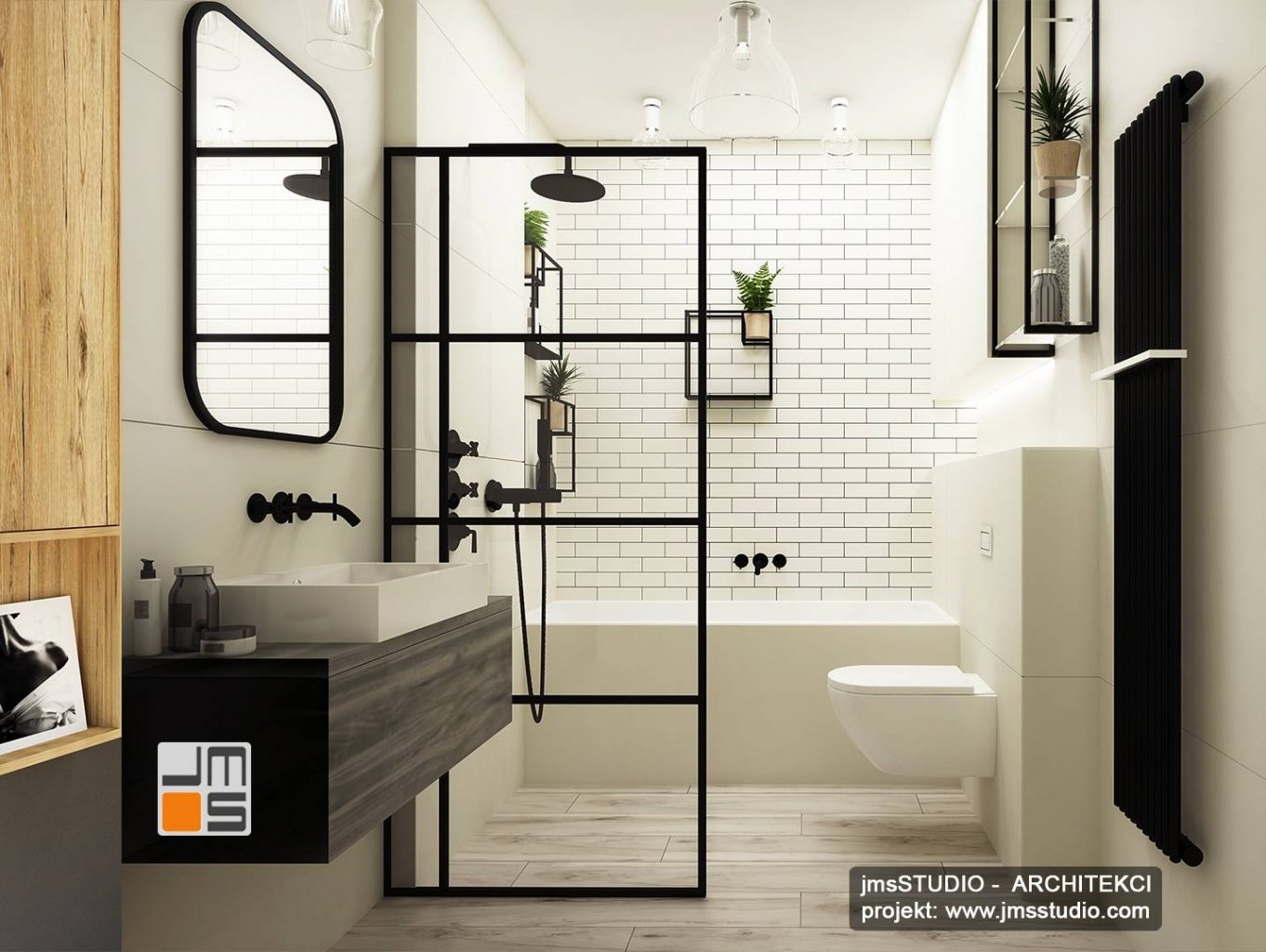 łazienka z drobnymi białymi płytkami i czarnymi dekoracjami stalowymi to pomysł na aranżację wnętrza industrialnej loftowej łazienki