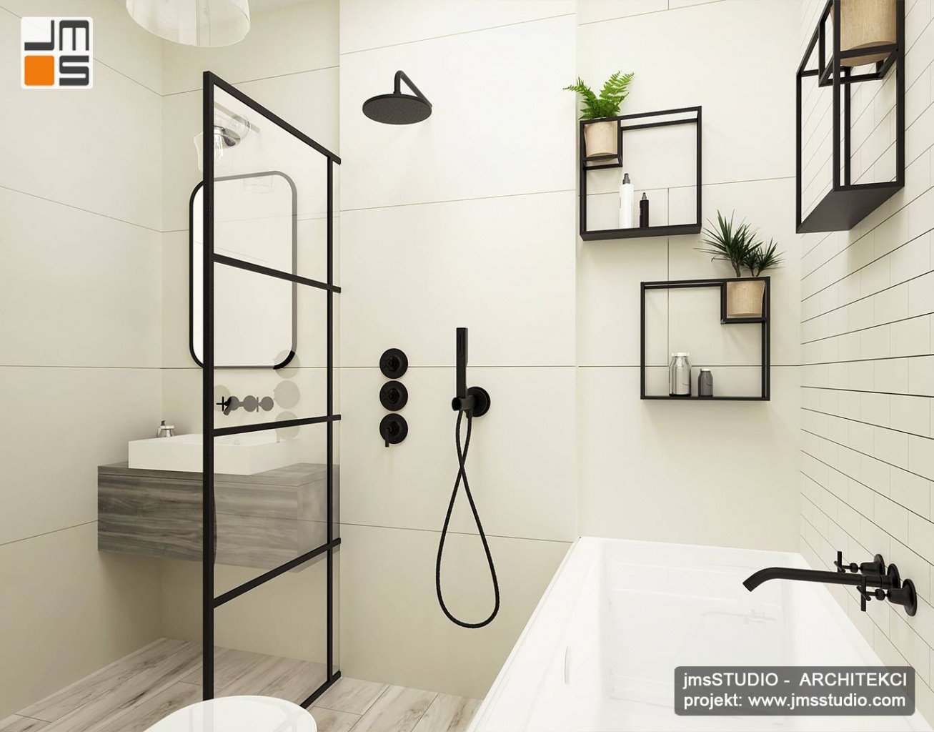 Czarne elementy dekoracyjne  ze stali to kwietniki i parawan prysznica zaprojektowana indywidualnie dla Klienta . Wnętrze łazienki jest jasne i optycznie powiększone dzięki  zastosowaniu drobnych płytek w kolorze białym