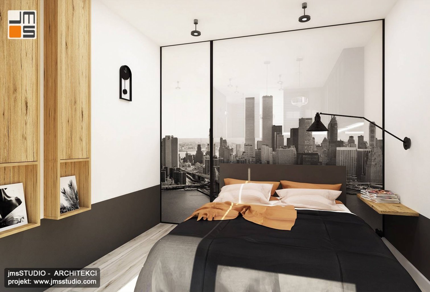Projekt wnętrz małej sypialni  ukrytej za szklaną ścianą z grafiką z drewnianymi meblami  to pomysł na aranżacje małego mieszkania
