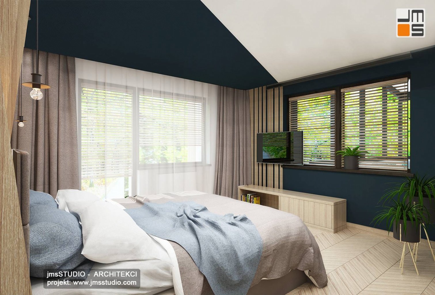 projekt aranżacji wnętrz sypialni w Katowicach z parkiet drewniany jodła francuska z jesion
