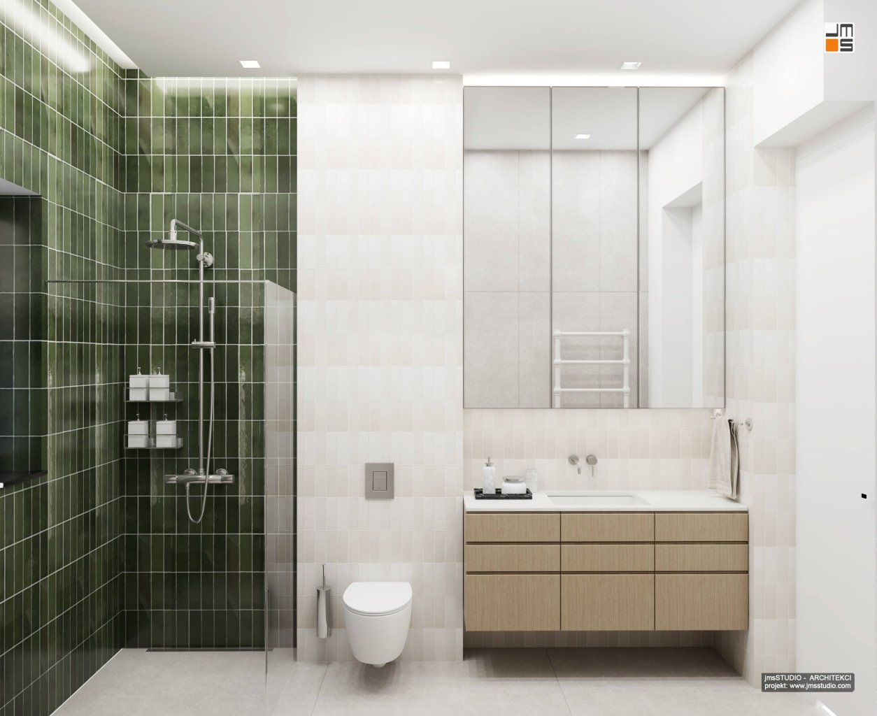 Klasyczna elegancja w projektowaniu wnętrz to zestawienie pięknych zielonych płytek z klasycznymi formami mebli w aranżacji ponadczasowej łazienki
