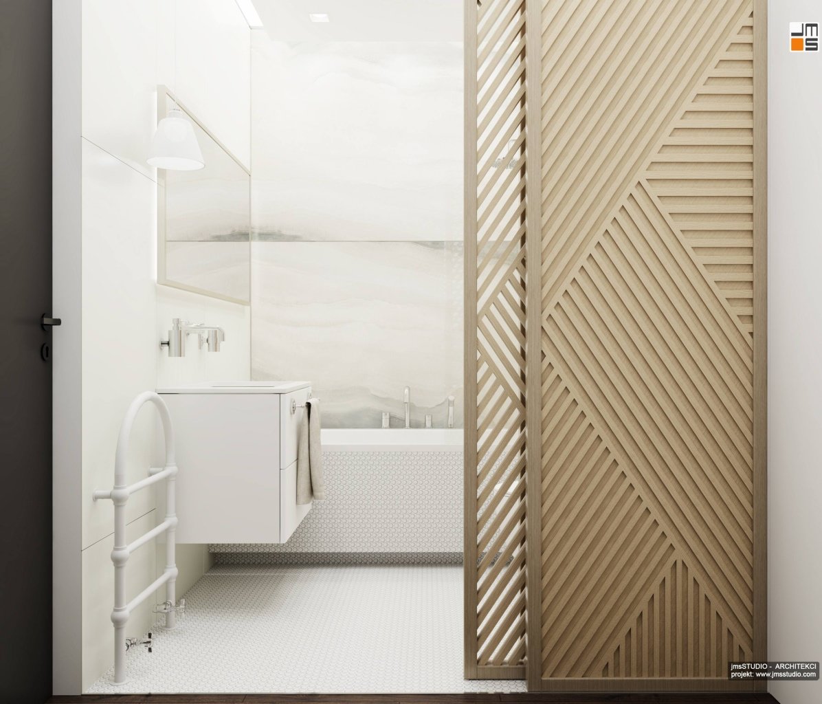 Drewniany składany ażurowy parawan to pomysł na wydzielenie przestrzeni kąpielowej w projekcie wnętrz nowoczesnej łazienki z jasnymi płytkami