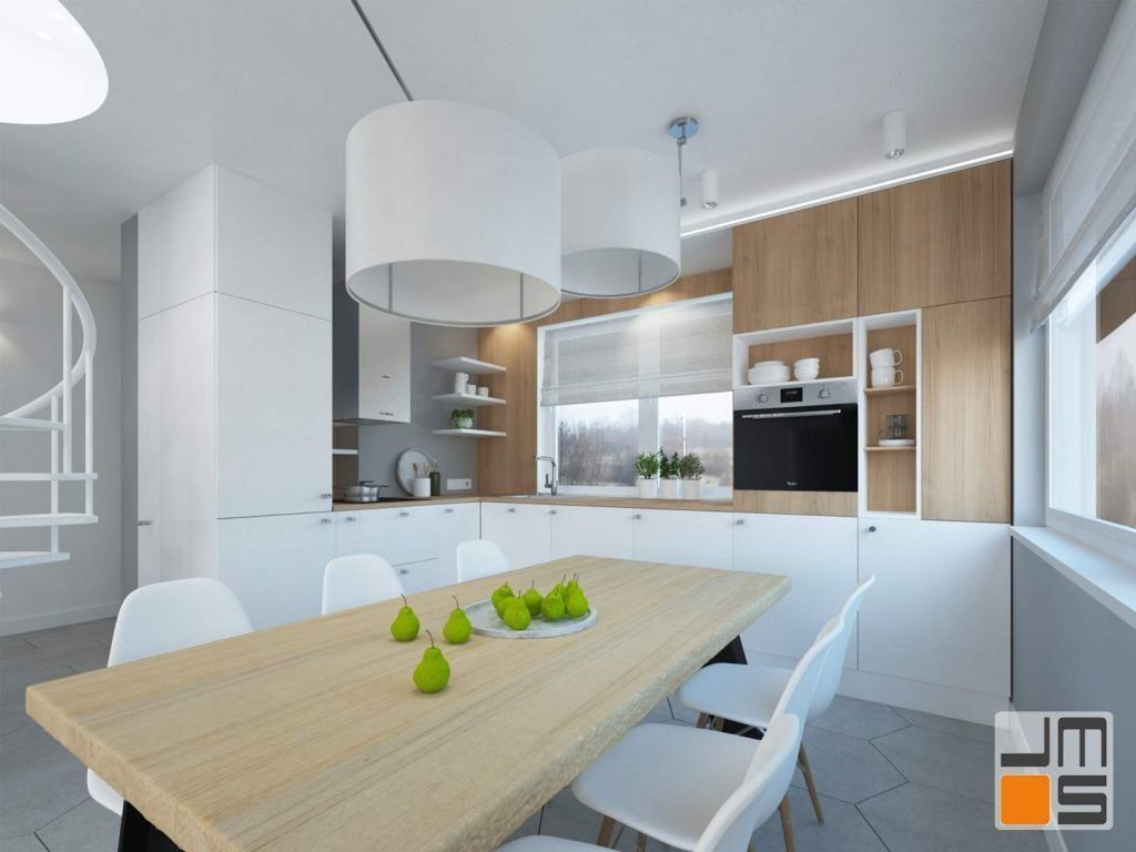 Projekt przewidywał zaprojektowanie wnętrza kuchni i salonu przy wykorzystaniu ciepłych odcieni Drewna ,szarości ,bieli