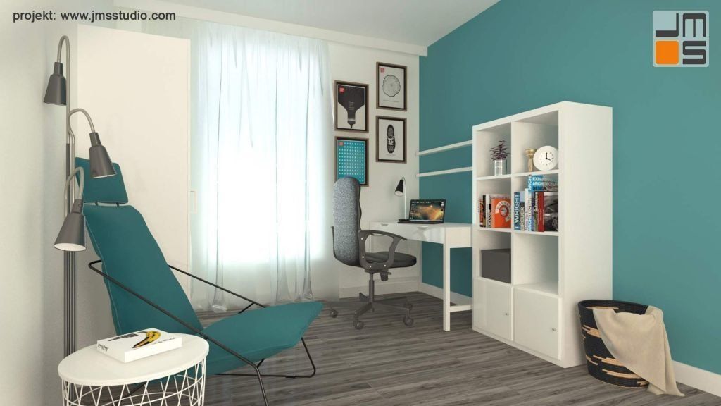 Mały pokój został zaprojektowany tak by umożliwić pracę , sen i wypoczynek a wszystko to w małym mieszkaniu w Bielskim bloku