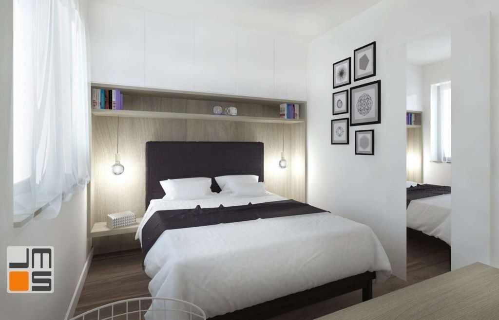 Projekt wnętrz stworzył przyjemną przestrzeń w sypialni poprzez zastosowanie niebanalnego oświetlenia, grafik i przyjemnych materiałów np. drewna.