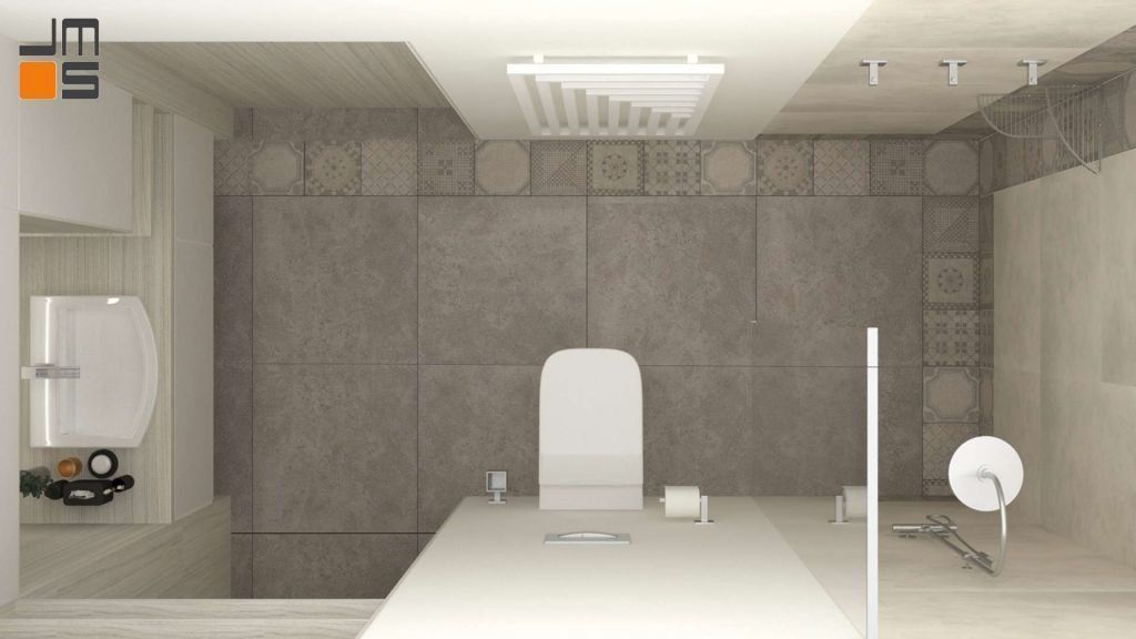 Projekt wąskiej łazienki z prysznicem typu walk- in w ciepłych odcieniach beżów z dekorem i ciekawym grzejnikiem.