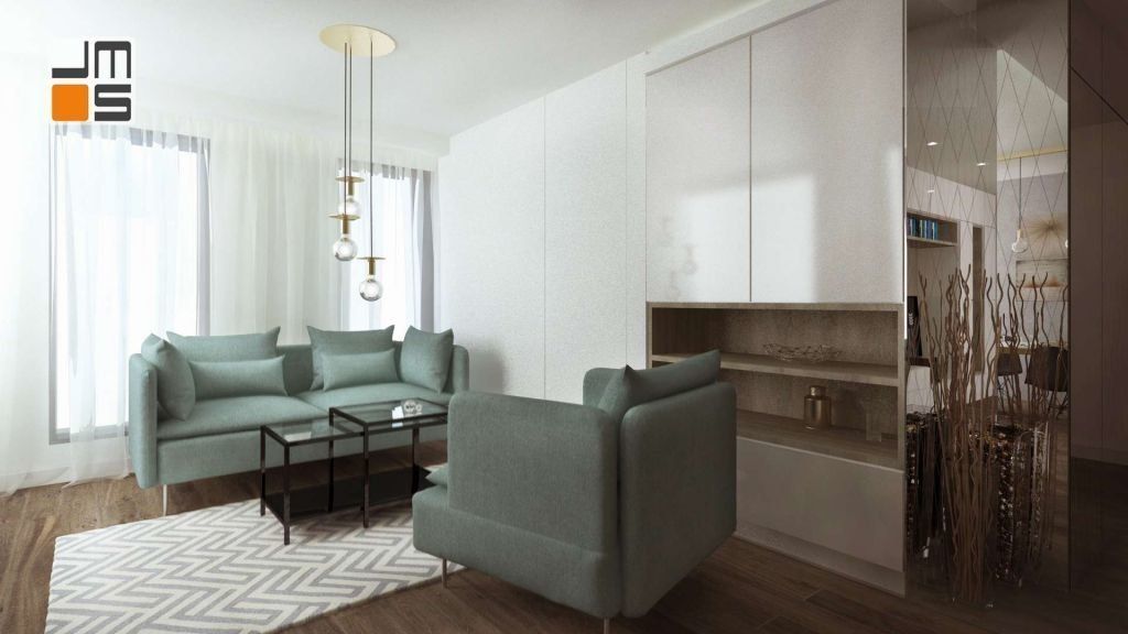 Dywan oraz turkusowe sofy ożywiają jasne wnętrze salonu. Pomimo zastosowania chłodnych kolorów i prostych nowoczesnych form i mebli mieszkanie i salon pozostają ciepłe i przytulne