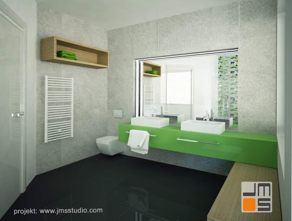 W pojekcie wnętrz łazienki zastosowano ciekawe rozwiązanie układu szafek fornirowanych i lakierowanych na zielony kolor w połysku