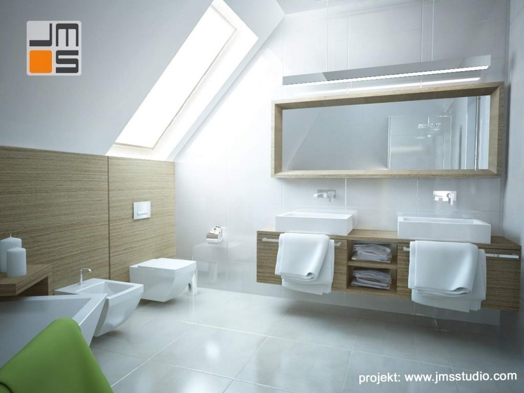 Nowoczesne oświetlenie led w połączeniu z ciekawą ramą drewnianą stanowią pomysł na aranzację wnętrz łazienki z dwoma umywalkami w Krakowie
