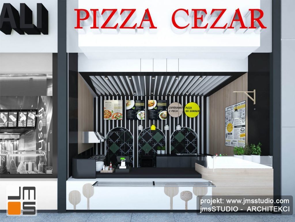 Czarny biały i zielony a do tego ciekawe wzory to doskonały pomysł na projekt oryginalnych wnętrz małej gastronomii jak pizzeria