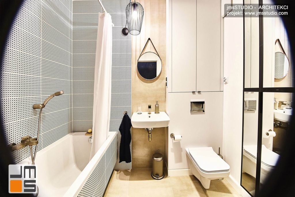 Wnętrza małej łazienki w stylu SOFT LOFT zostało zaprojektowane tak by było funkcjonalne a pralka została ukryta w zabudowie