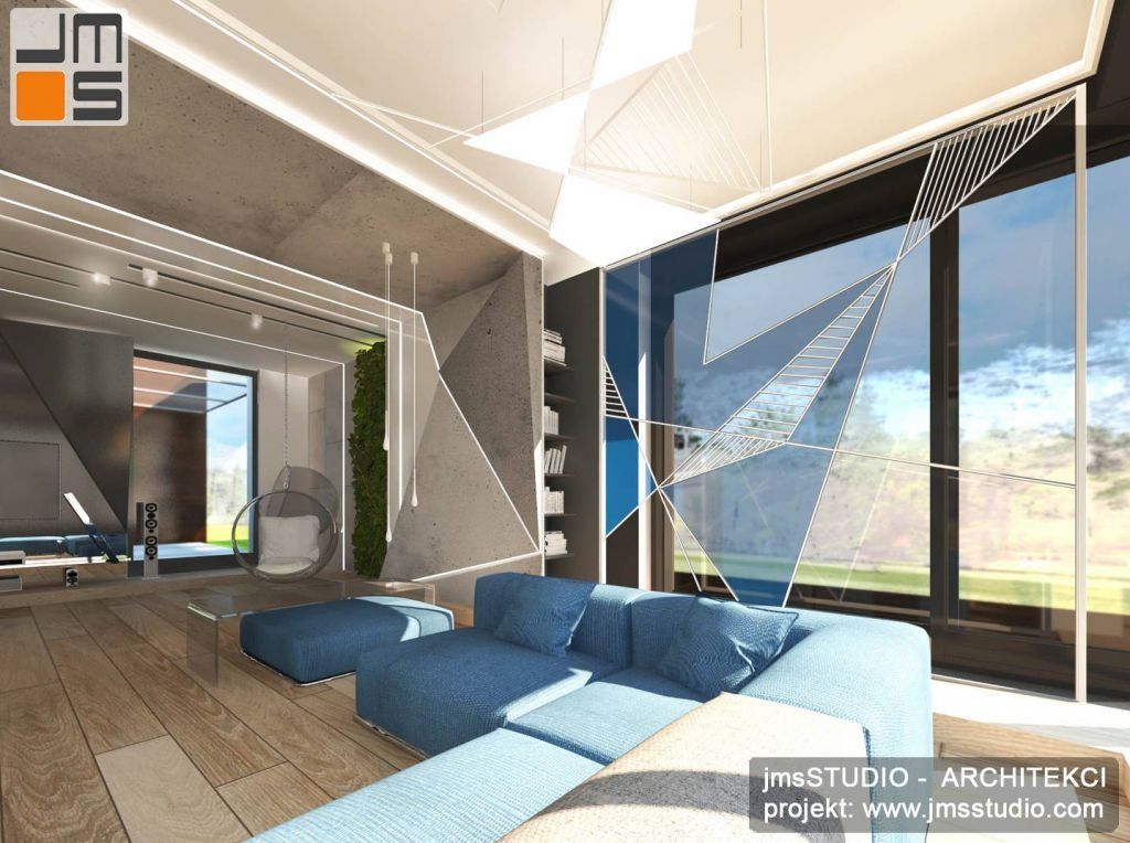 Luksusowy projekt dużego salonu w nowoczesnej rezydencji z odważnym pomysłem na dekoracje wnętrza wykonaną na zamówienie ze stali i beton na podłodze