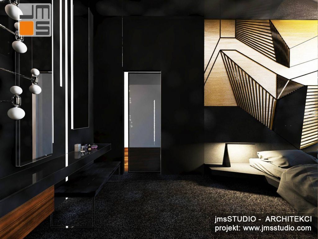 projekt oryginalnego wiszącego łóżka z designerskim zagłówkiem ze stali i drewna w projekcie wnętrz nowoczesnej sypialni