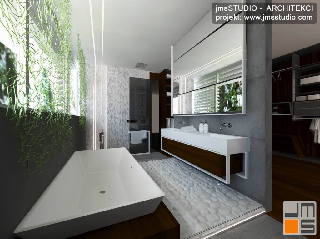 projekt wnętrz dużej łazienki z bardzo eleganckimi nowoczesnymi wnętrzami dużą wanną i dekoracją ścian z alg
