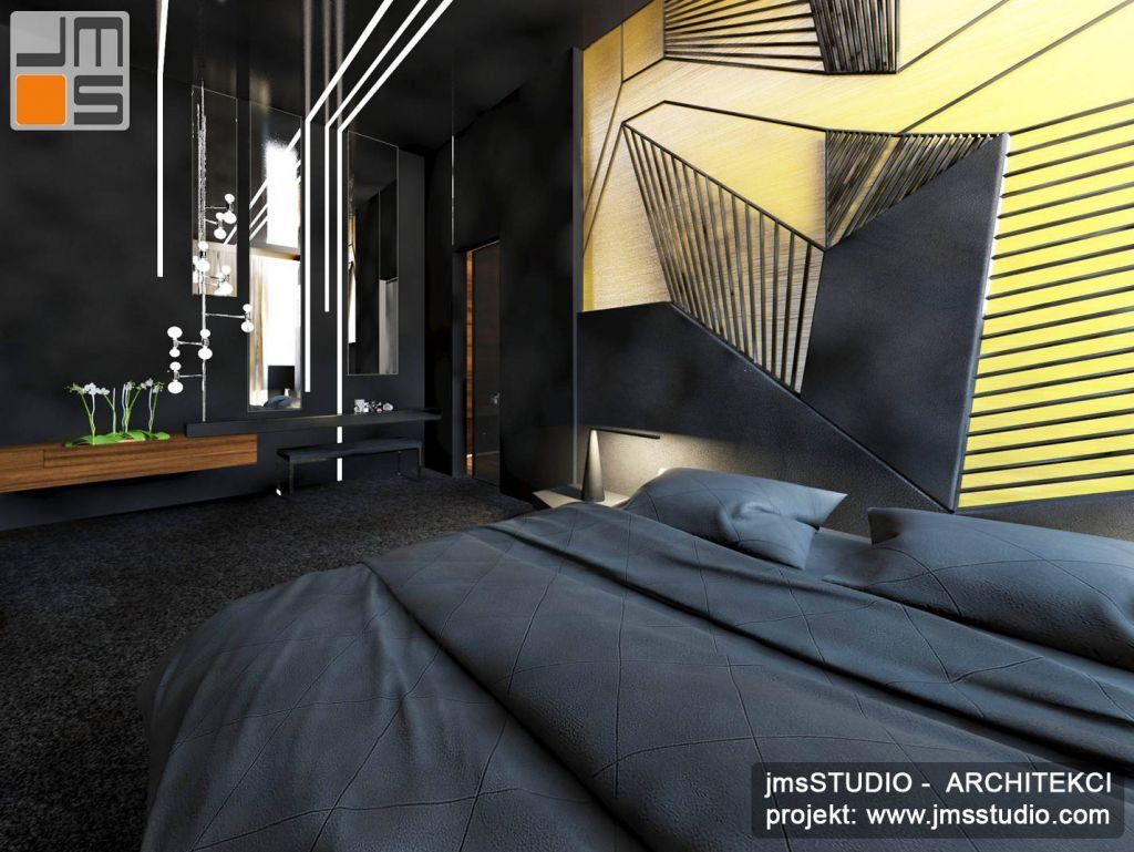 projekt wnętrz przestronnej ekskluzywnej sypialni w ciemnej kolorystyce - antracyt z żółtym i złotym akcentem kolorystycznym